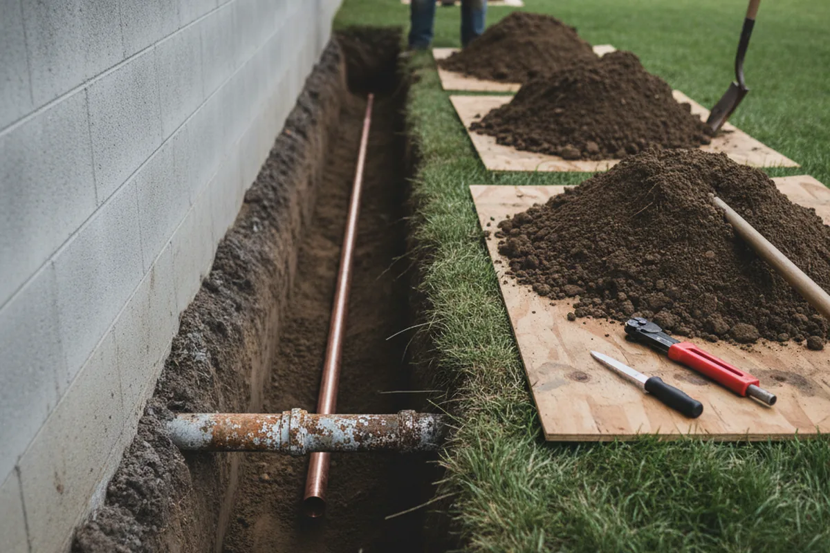 Excavated water line trench during Water Softener Installation in Abington